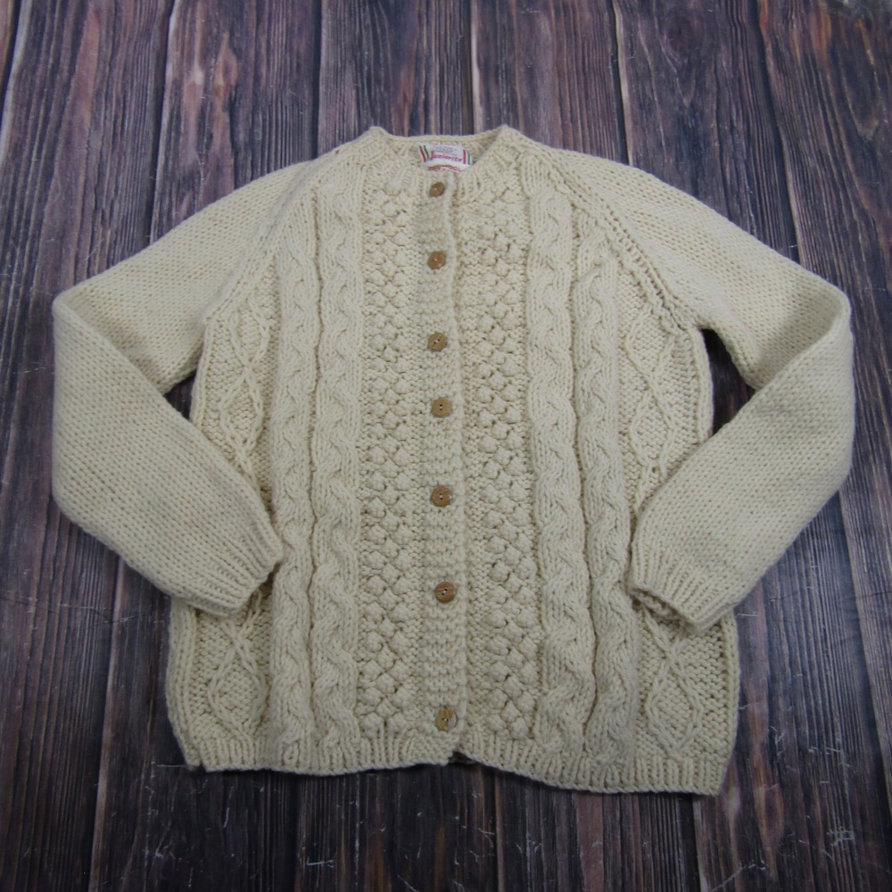 Juniorite Cardigan Sweater Womens Medium Cream Wool Cable Knit Italy BB103